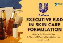 Executive R&D at Unilever International, Chem & Pharma Apply! Executive R&D at Unilever International, candidates interested in cosmetic chemistry can apply!