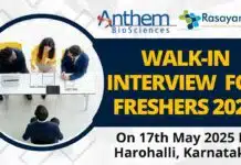 Freshers Job Alert: Walk-In Interview at Anthem Biosciences – Chemical Synthesis Plant Hiring Now Walk-In Interview at Anthem Biosciences for Freshers 2025