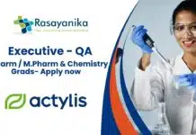 BPharm/MPharm QA Jobs at Actylis, Apply Now! Executive - QA. B.Pharm / M.Pharm & Chemistry Grads- Apply now