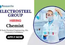 Chemical Engineering Jobs at Electrosteel Group | Apply Now For The Chemist Role Chemical Engineering Jobs at Electrosteel Group | Apply Now For The Chemist Role