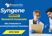 Syngene Hiring For Research Associate | MSc Chemistry Candidates Apply Now Syngene Hiring Research Associate MSc Chemistry Candidates Apply Now