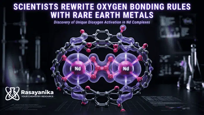 Discovery of Unique Dioxygen Activation in Nd Complexes oxygen bonding with rare earth metals showing neodymium forming a new type of oxygen bond in a futuristic lab setup