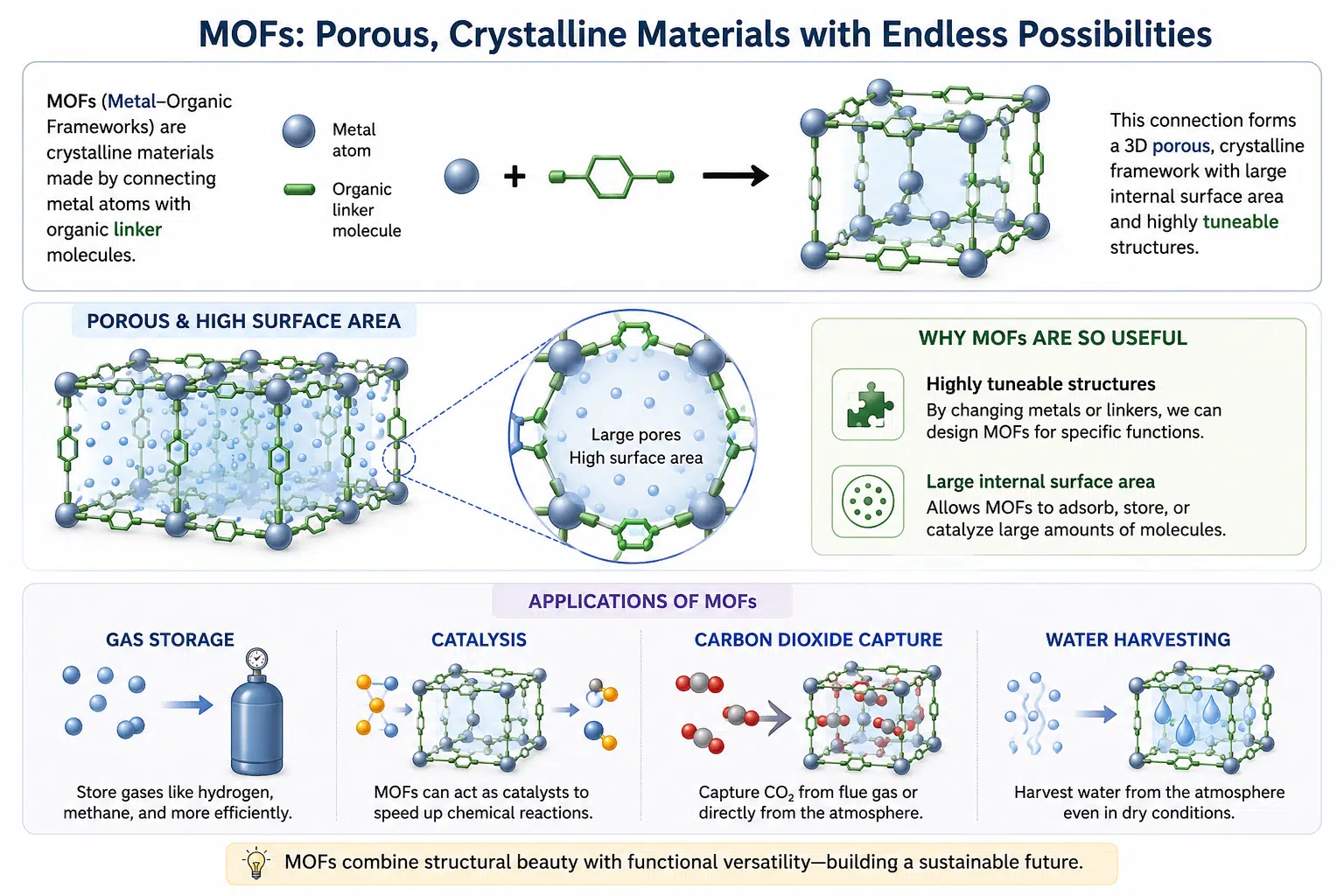 How Metal–Organic Frameworks (MOFs) Create Tiny Porous Networks for Gas Storage, CO₂ Capture, Catalysis, and Water Harvesting