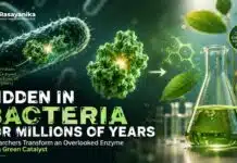 Researchers Redesign a Hidden Bacterial Enzyme Into a Green Catalyst Engineered bacterial enzyme CYP107J1 acting as a green catalyst for sustainable oxidation reactions in biochemical research.