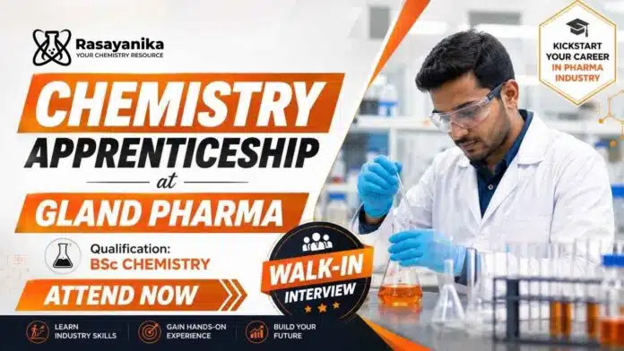 Gland Pharma announces Apprentice Recruitment through a Freshers Walk-In drive for BSc Chemistry graduates in the Quality department. Gland Pharma announces Apprentice Recruitment through a Freshers Walk-In drive for BSc Chemistry graduates in the Quality department.
