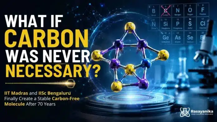 Scientists from IIT Madras and IISc Bengaluru presenting a carbon-free molecule structure inspired by ferrocene using osmium and boron rings. Scientists from IIT Madras and IISc Bengaluru presenting a carbon-free molecule structure inspired by ferrocene using osmium and boron rings.