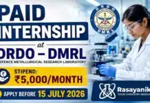 Govt Internship at DRDO DMRL | ₹5,000 Monthly Stipend | Chemistry Students Apply Now Govt Internship at DRDO DMRL 2026 for Chemistry Career through latest DRDO Vacancy