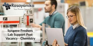 Syngene Freshers Lab Support Post Vacancy - Chemistry