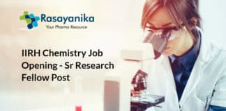 IIRH Chemistry Job Opening - Sr Research Fellow Post