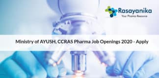 Ministry of AYUSH, CCRAS Pharma Job Openings 2020 - Apply