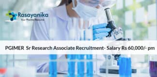 PGIMER Pharma Sr Research Associate Recruitment- Salary Rs 60,000/- pm