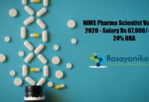 NIMS Pharma Scientist Vacancy 2020 - Salary Rs 67,000/- pm + 24% HRA