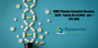 NIMS Pharma Scientist Vacancy 2020 - Salary Rs 67,000/- pm + 24% HRA