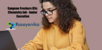 Syngene Freshers BSc Chemistry Job - Junior Executive