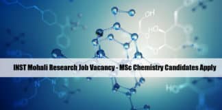 INST Mohali Research Job Vacancy - MSc Chemistry Candidates Apply