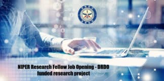 NIPER Research Fellow Job Opening - DRDO funded research project