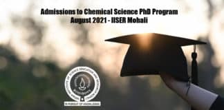 Admissions to Chemical Science PhD Program August 2021 - IISER Mohali