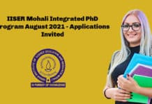 IISER Mohali Integrated PhD Program August 2021 - Applications Invited