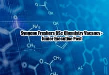 Syngene Freshers BSc Chemistry Vacancy - Junior Executive Post