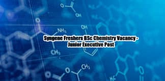 Syngene Freshers BSc Chemistry Vacancy - Junior Executive Post