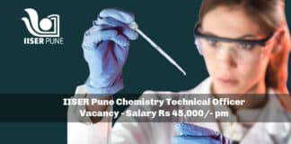 IISER Pune Chemistry Technical Officer Vacancy - Salary Rs 45,000/- pm