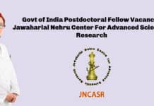 Govt of India Postdoctoral Fellow Vacancy - Jawaharlal Nehru Center For Advanced Scientific Research