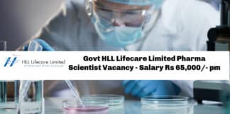 Govt HLL Lifecare Limited Pharma Scientist Vacancy - Salary Rs 65,000/- pm