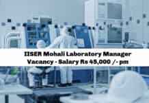 IISER Mohali Laboratory Manager Vacancy - Salary Rs 45,000 /- pm