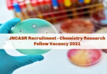 JNCASR Recruitment - Chemistry Research Fellow Vacancy 2021