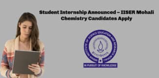 Student Internship Announced – IISER Mohali Chemistry Candidates Apply