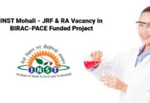 INST Mohali - JRF & RA Vacancy in BIRAC-PACE Funded Project