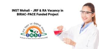 INST Mohali - JRF & RA Vacancy in BIRAC-PACE Funded Project
