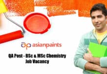 Asian Paints Limited QA Post - BSc & MSc Chemistry Job Vacancy