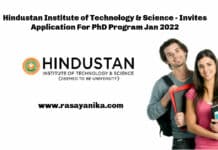 Hindustan Institute of Technology & Science - Invites Application For PhD Program Jan 2022