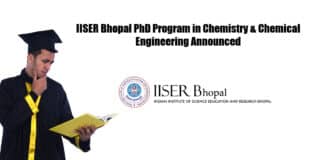 IISER Bhopal PhD Program in Chemistry & Chemical Engineering Announced