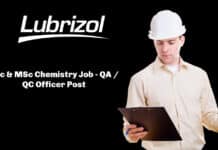 Lubrizol BSc & MSc Chemistry Job - QA / QC Officer Post