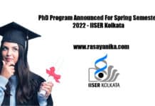 PhD Program Announced For Spring Semester 2022 - IISER Kolkata