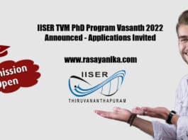IISER TVM PhD Program Vasanth 2022 Announced - Applications Invited