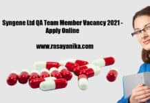 Syngene Ltd QA Team Member Vacancy 2021 - Apply Online