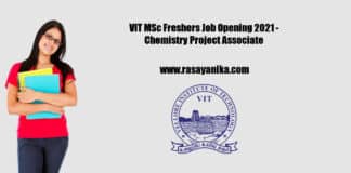 VIT MSc Freshers Job Opening 2021 - Chemistry Project Associate