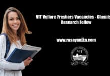 VIT Vellore Freshers Vacancies - Chemistry Research Fellow