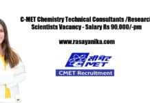 C-MET Chemistry Technical Consultants /Research Scientists Vacancy - Salary Rs 90,000/-pm