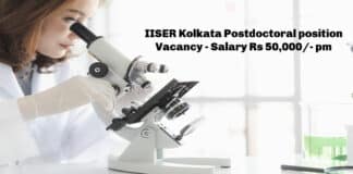 IISER Kolkata Postdoctoral position Vacancy - Salary Rs 50,000/- pm