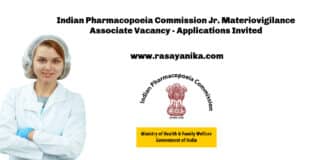 Indian Pharmacopoeia Commission Jr. Materiovigilance Associate Vacancy - Applications Invited