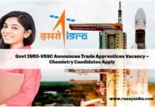 Govt ISRO-VSSC Announces Trade Apprentices Vacancy – Vikram Sarabhai Space Centre - Chemistry Candidates Apply