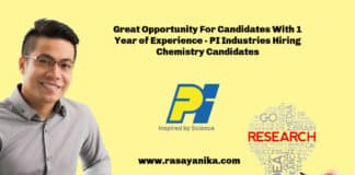 Great Opportunity For Candidates With 1 Year of Experience - PI Industries Hiring Chemistry Candidates
