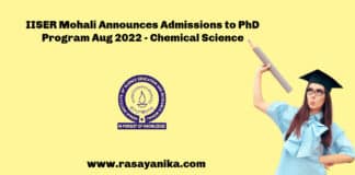 IISER Mohali Announces Admissions to PhD Program Aug 2022 - Chemical Science