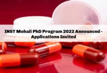 INST Mohali PhD Program 2022 Announced - Applications Invited