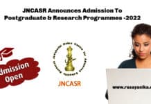 JNCASR Announces Admission To Postgraduate & Research Programmes -2022