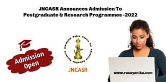 JNCASR Announces Admission To Postgraduate & Research Programmes -2022